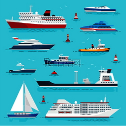 海上运输图片_蓝色水背景下的海上运输平面样式