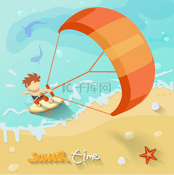 蓝色海滩海报图片_夏季时间风筝冲浪海报。矢量图和
