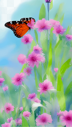 鲜花与蝴蝶水墨