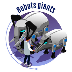 未来科技科技图片_动物机器人彩色和等距标志与机器