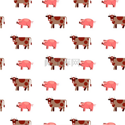 动物卡通牛的集图片_白色背景上的无缝模式。
