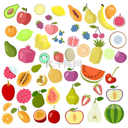 卡通热带水果图片_一组白色背景的水果，不同的热带