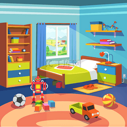 卡通手绘男孩玩具图片_男孩房，床、 橱柜和地板上的玩