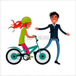 家庭骑自行车与爸爸和女儿骑自行