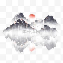 水墨简约元素图片_新中式中国风山水瀑布水墨景观