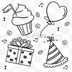 盒子蛋糕线稿图片_线稿生日涂鸦小蛋糕汽球礼物生日