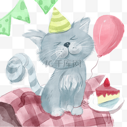 可爱小猫的生日水彩
