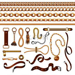 时尚手镯设计素材图片_链条和皮带元件金色编织皮革表带