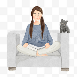 沙发和人物图片_沙发上的女孩和猫咪