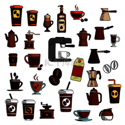 咖啡机杯子咖啡豆图片_雕刻素描风格的复古彩色咖啡标志