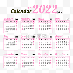 2022日历粉红色数字和英文