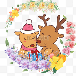 可爱动物情侣小鹿彩色花卉花环