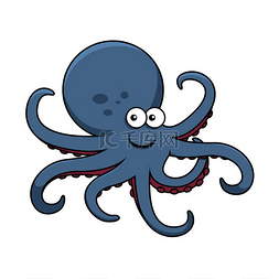 蓝色章鱼卡通人物，大圆头，弯曲