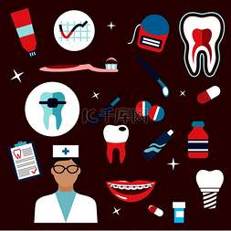 牙科平面图标与牙医、健康牙齿横