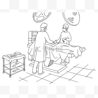 手术室图形黑色白色内部素描插画矢量.外科医生执行手术