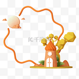 卡通城堡城堡图片_橙色C4D童话粘土卡通边框