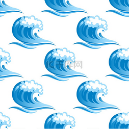 卷曲的蓝色海浪呈方形重复无缝背