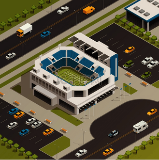 美国国家联赛足球体育场与相邻的停车场和繁忙的街道等距组成矢量图。