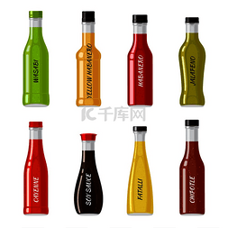 特色菜汁焗品虾图片_一套装满辣酱的玻璃瓶。