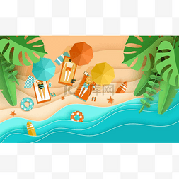 地方手绘图片_海滩度假小人们在热带海滩上晒日