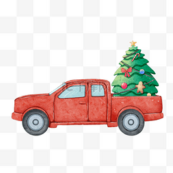 矢量插画运输图片_圣诞节红色卡车和圣诞树水彩