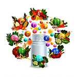 维生素瓶周围是一组天然素食海报用于减肥补充剂广告含有水果蔬菜和香料草本植物谷物和坚果的维生素复合药丸和球天然维生素与健康食品海报设计