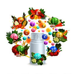 食物香料图片_维生素瓶周围是一组天然素食海报