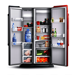 红色家庭用具图片_打开的冰箱有两个红色和黑色的门