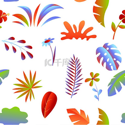 夏天夏威夷树叶图片_有热带树叶和花朵的无缝图案。