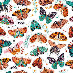 自然背景手绘图片_无缝图案与彩色手绘蝴蝶和白色背