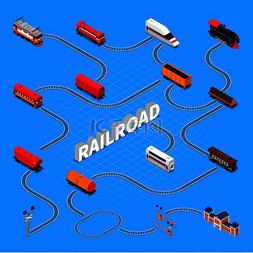 蓝色车辆图片_蓝色背景下的铁路等距流程图，带