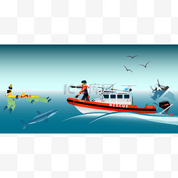 Rescue boat and fishermen at sea. The collaps