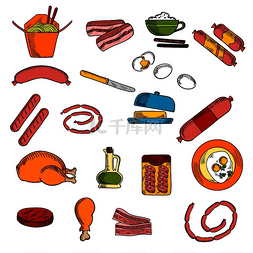 早餐食品png图片_素描风格的早餐食品、饮料和肉类
