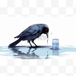 喝水图片_手绘卡通深色乌鸦喝水