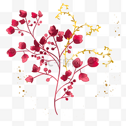 水彩金箔叶子图片_暗红色水彩晕染风格金箔装饰花卉