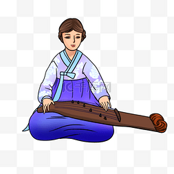 韩国蓝衣女子盘坐弹奏伽琴