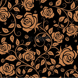 黑色背景上的装饰图片_棕色玫瑰花无缝图案与优雅的花朵
