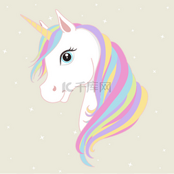 手绘神话图片_White unicorn head with rainbow mane and horn