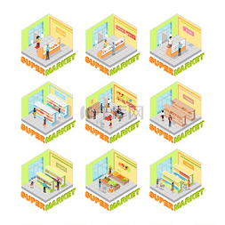 游戏建筑插图图片_超市内部矢量集等距超市内部向量