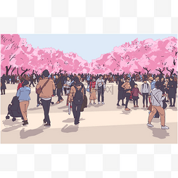 东京上野公园樱花观赏节人群的矢