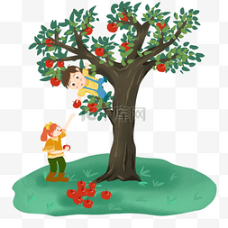 摘苹果苹果图片_卡通男孩爬树摘苹果
