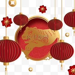 中国剪纸金色图片_新年春节红色剪纸老虎风格边框