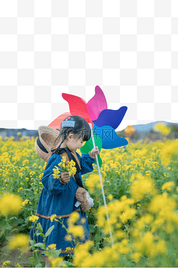 黄色花海春天油菜花女孩风车田野