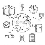 纸板箱的国际运输和送货服务图标，带有包装符号、订单列表和带有地球仪的时钟，下面有运输标题。