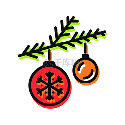 球形圣诞玩具、常绿松树树枝的图
