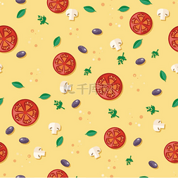 西红柿、橄榄、蘑菇的无缝图案。