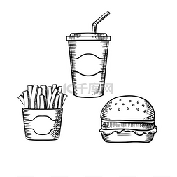 带吸管的饮料图片_快餐汉堡配牛肉饼和生菜叶、一盒
