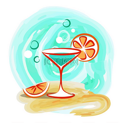 水在玻璃上图片_清爽的鸡尾酒与橙片在沙滩背景矢