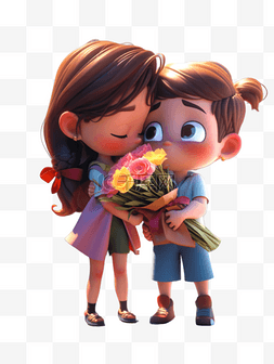 情侣拿花图片_520情人节3D立体情侣女孩拿着花