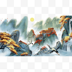 中国风景色图片_秋景中国风水墨古风建筑白鹤飞翔